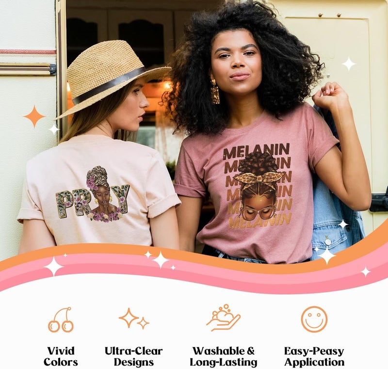 Kaciola Black Girl DTF Transfers Ready to Press, 9 Sheets Black Women Iron on Transfers Washable Stickers Iron on Decals for T Shirts Hoodie DIY Crafts - Image 4